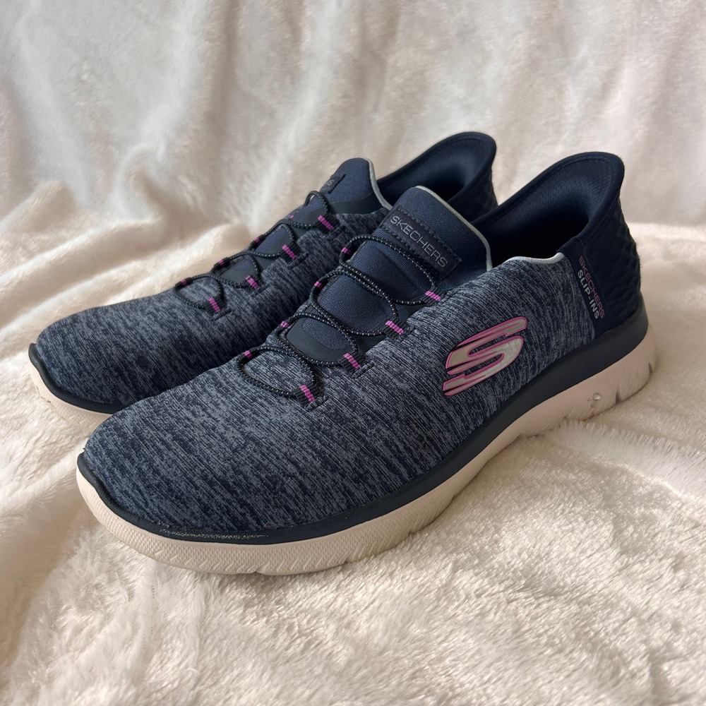 Skechers Slip-ins Sneakers Womens 8 Navy Pink Bungee Hands-Free Athleisure